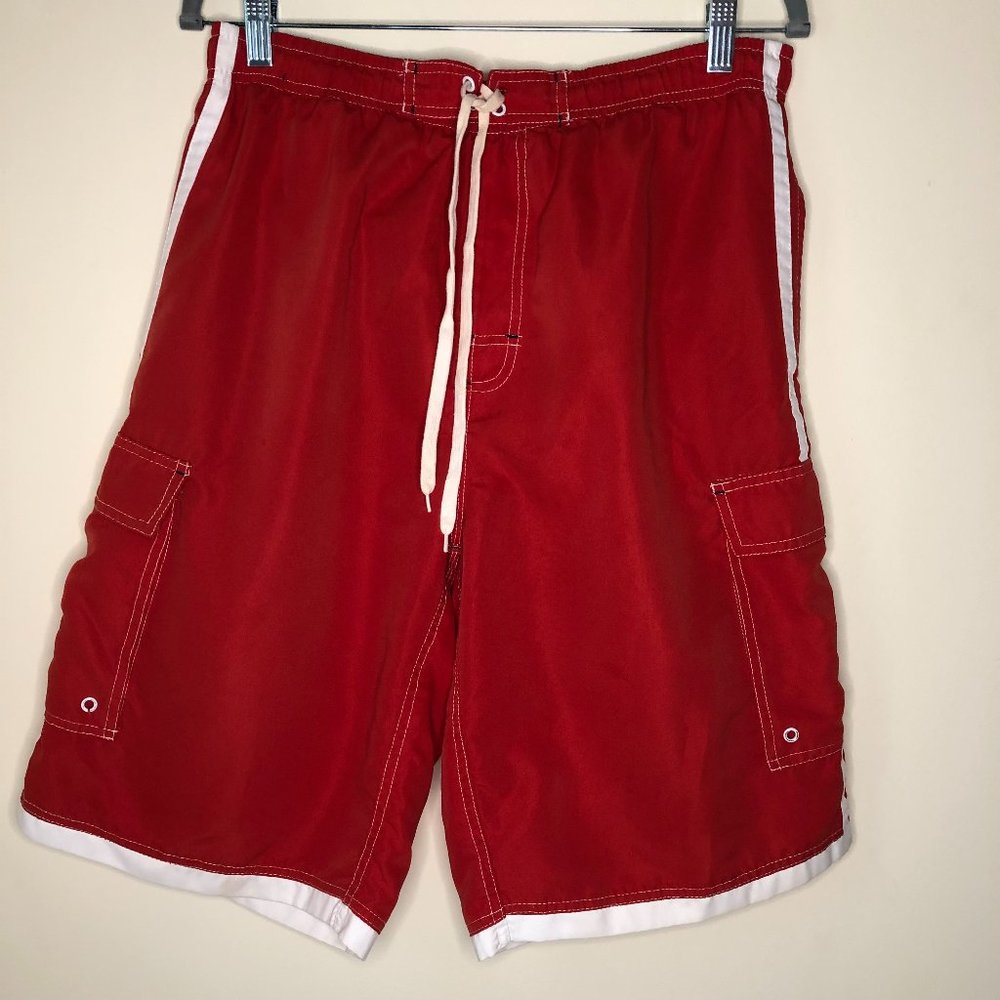 Red & White Stripe Coastal Swim Trunks Beachy Summer Vacation Resort Island Pool